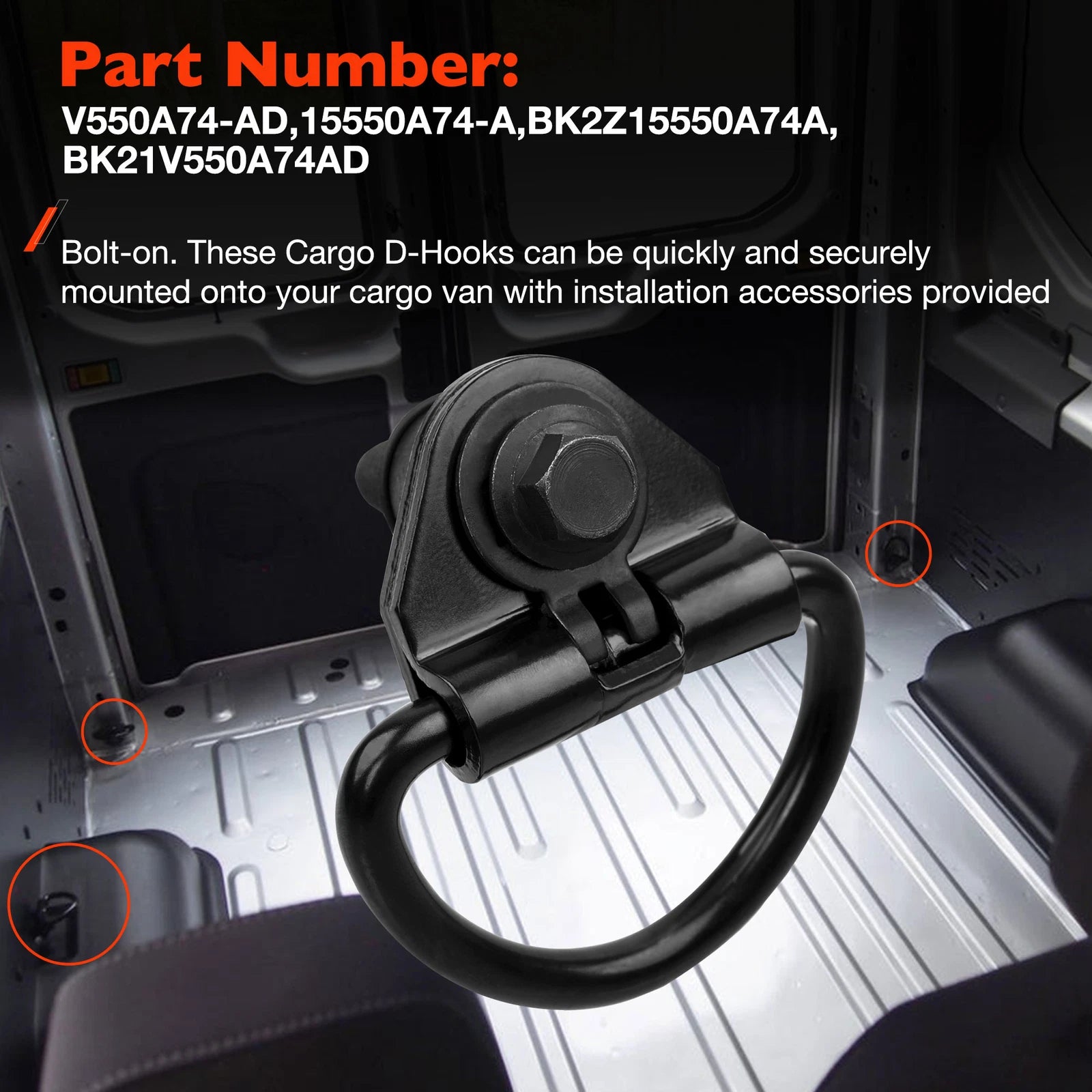 6x Black Steel Rear Cargo D-Hooks for Ford Transit 150 250 350 (2015–2024)
