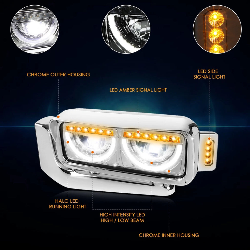 Full LED Wide Angle Side Marker Headlight Chrome for Peterbilt 359 379 389 (1981–2021)