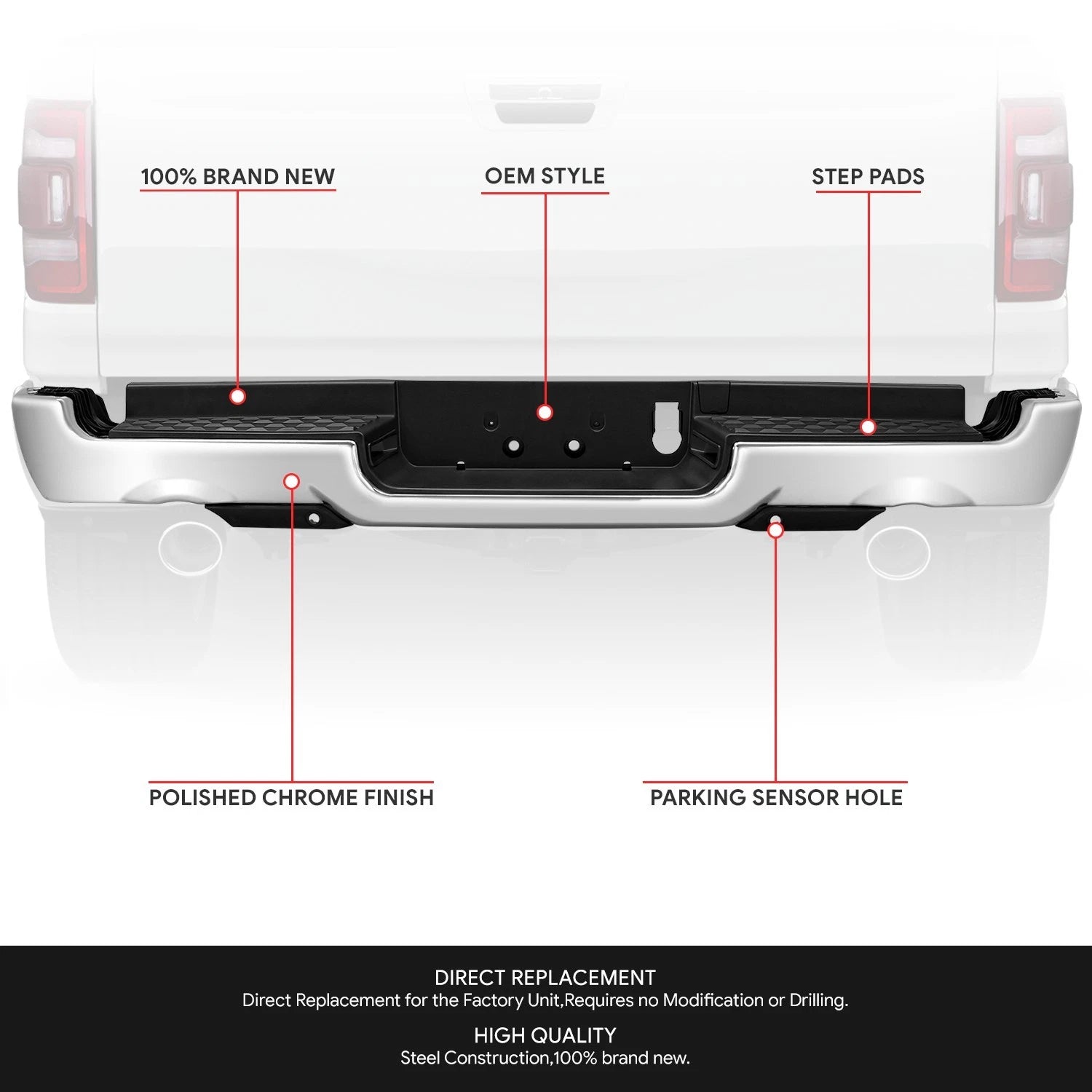 Dual Exhaust Chrome Rear Bumper Assembly for RAM 1500 (2019–2024)