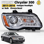 Halogen Headlight for Chrysler 300 (2011–2014) w/ Bulb Chrome Bezel, Right