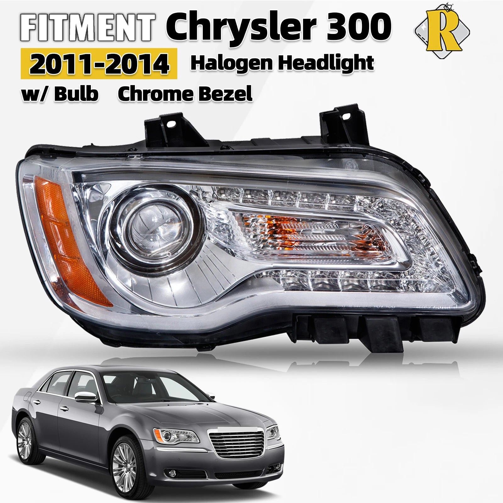 Halogen Headlight for Chrysler 300 (2011–2014) w/ Bulb Chrome Bezel, Right
