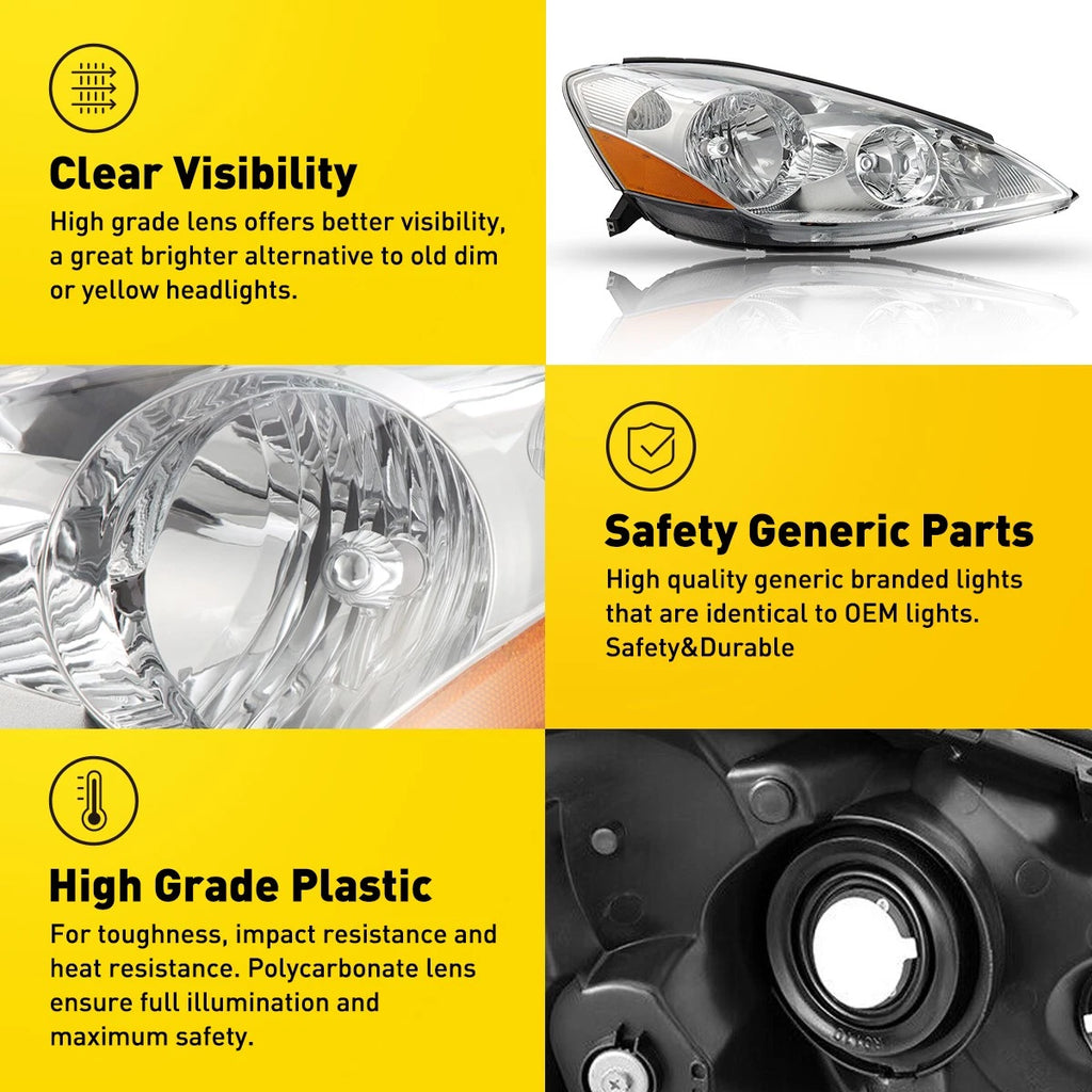 Set of 2 Headlight Assemblies for Toyota Sienna (2006–2010) Chrome Amber