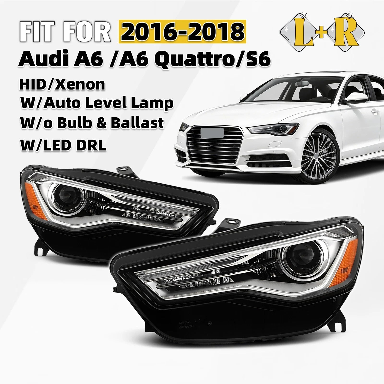 HID Headlights for Audi A6 S6 (2016–2018) w/Auto Leveling, Left+Right Pair