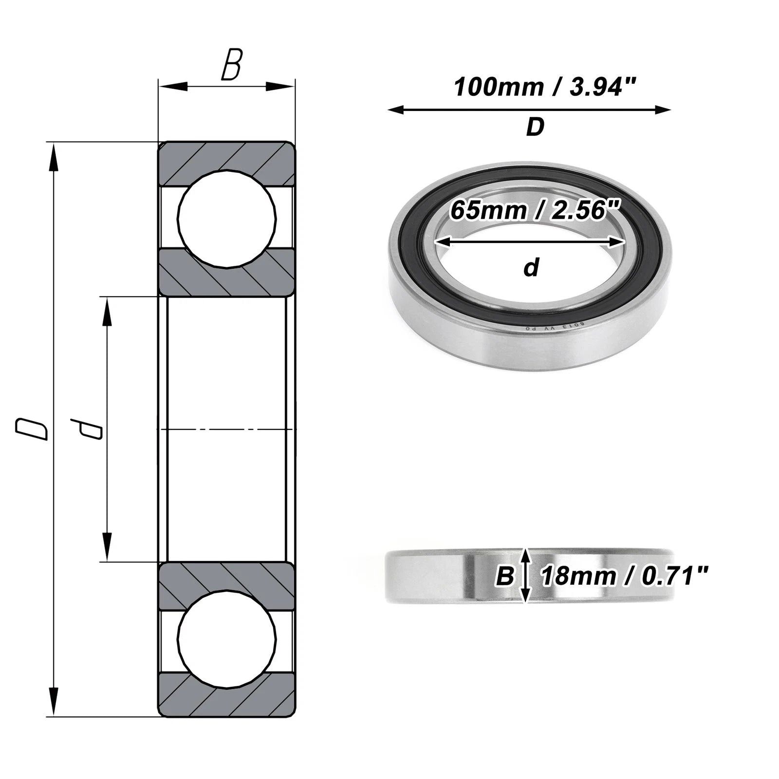 Deep Groove Ball Bearing 6013VV for Scooter Skateboard (P0 65x100x18mm)