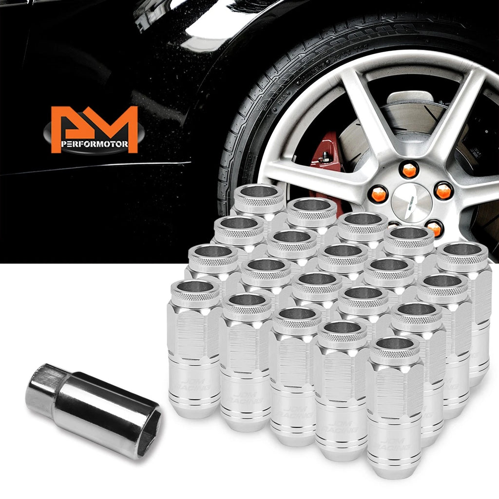 Set of 20 M12X1.5 Silver JDM Open End Cone Wheel Lug Nuts + Spline Lock + Key