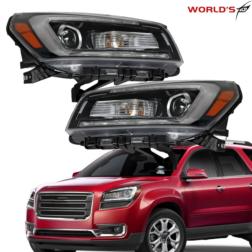 Set of 2 Headlights for GMC Acadia (2013–2016) Halogen with LED Tube Black