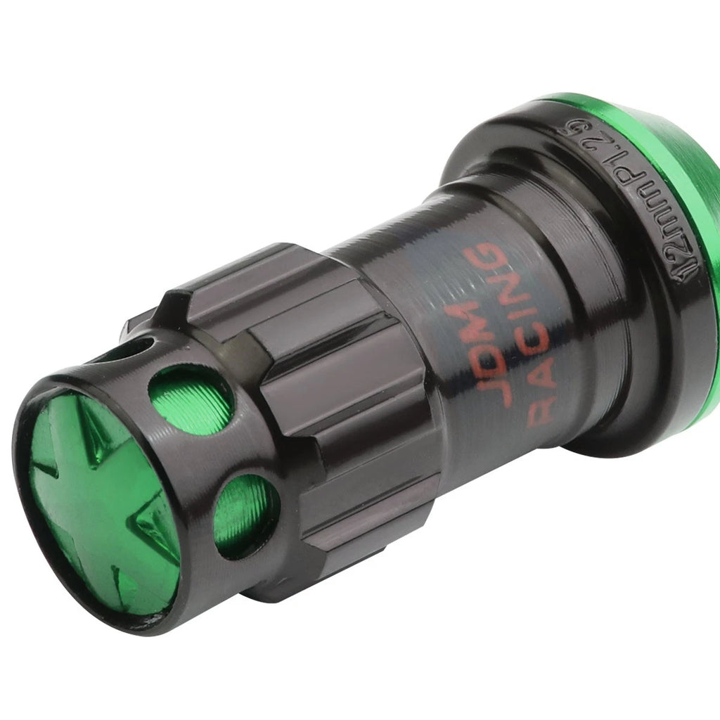 Set of 16 Aluminum Green Rim Lock Nuts + Adapter M12x1.25 for