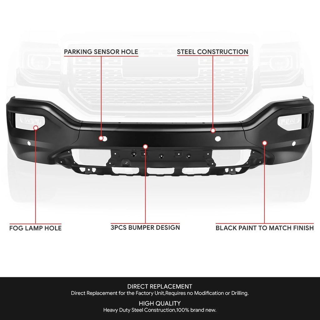 Steel Front Bumper for GMC Sierra 1500 Limited (2016–2018) w/ Fog Light Holes