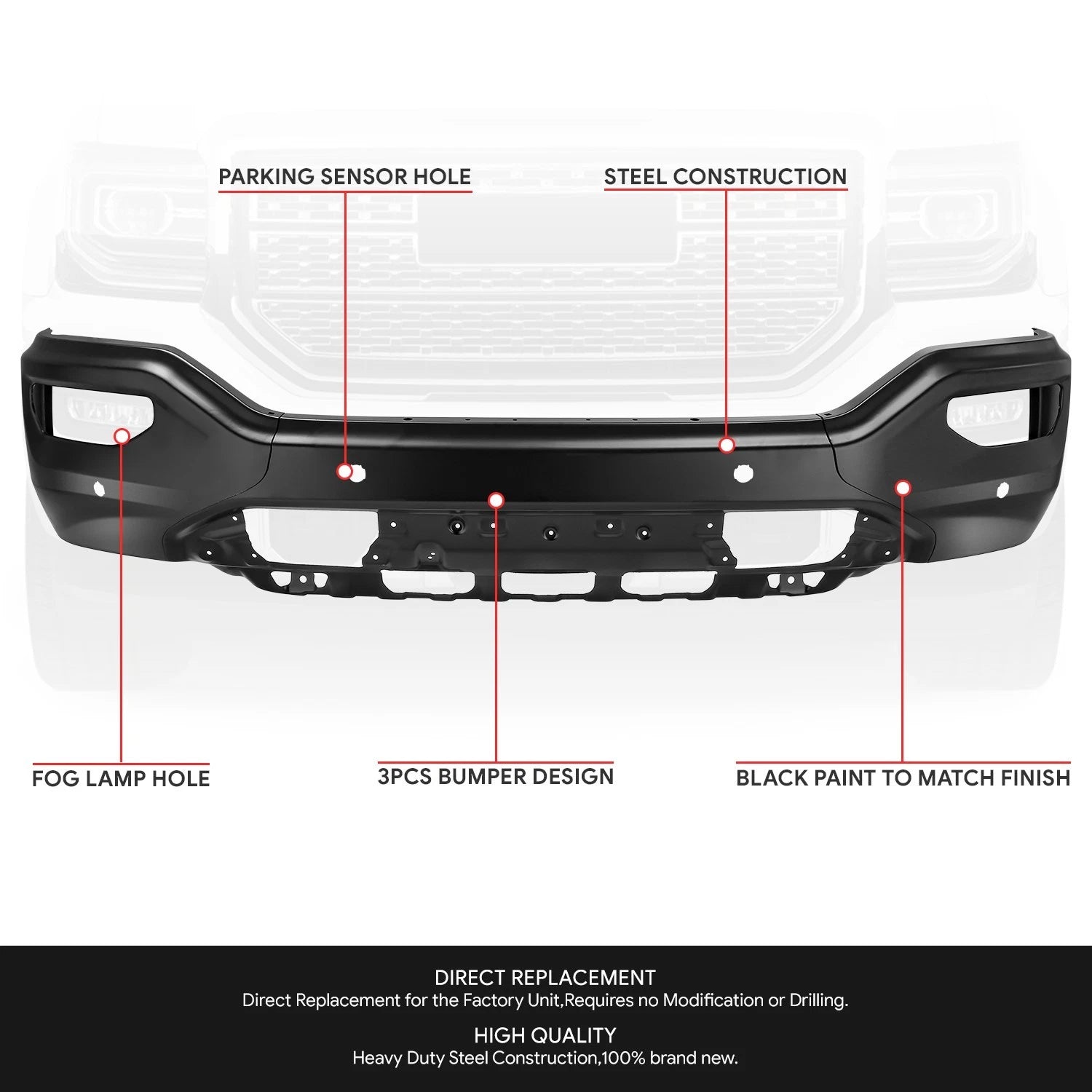 Steel Front Bumper for GMC Sierra 1500 Limited (2016–2018) w/ Fog Light Holes