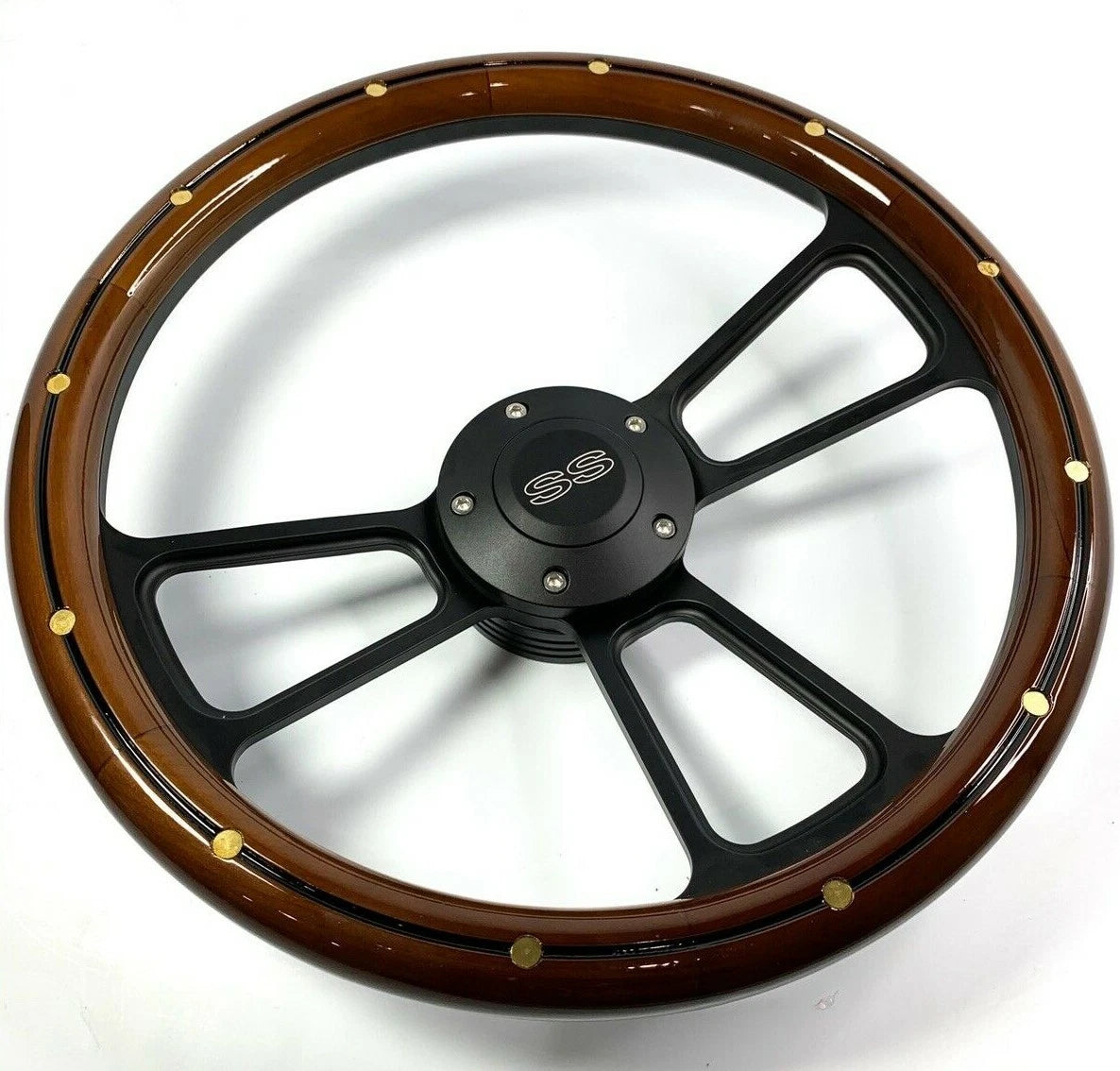 14 in Black Aluminum Steering Wheel Wood Brass Rivets for Chevy SS (2018–2019)