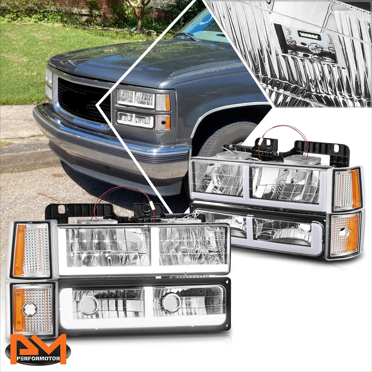 F-Shape LED DRL Headlights for GMC C/K Pickup Suburban Yukon (1994–2000)