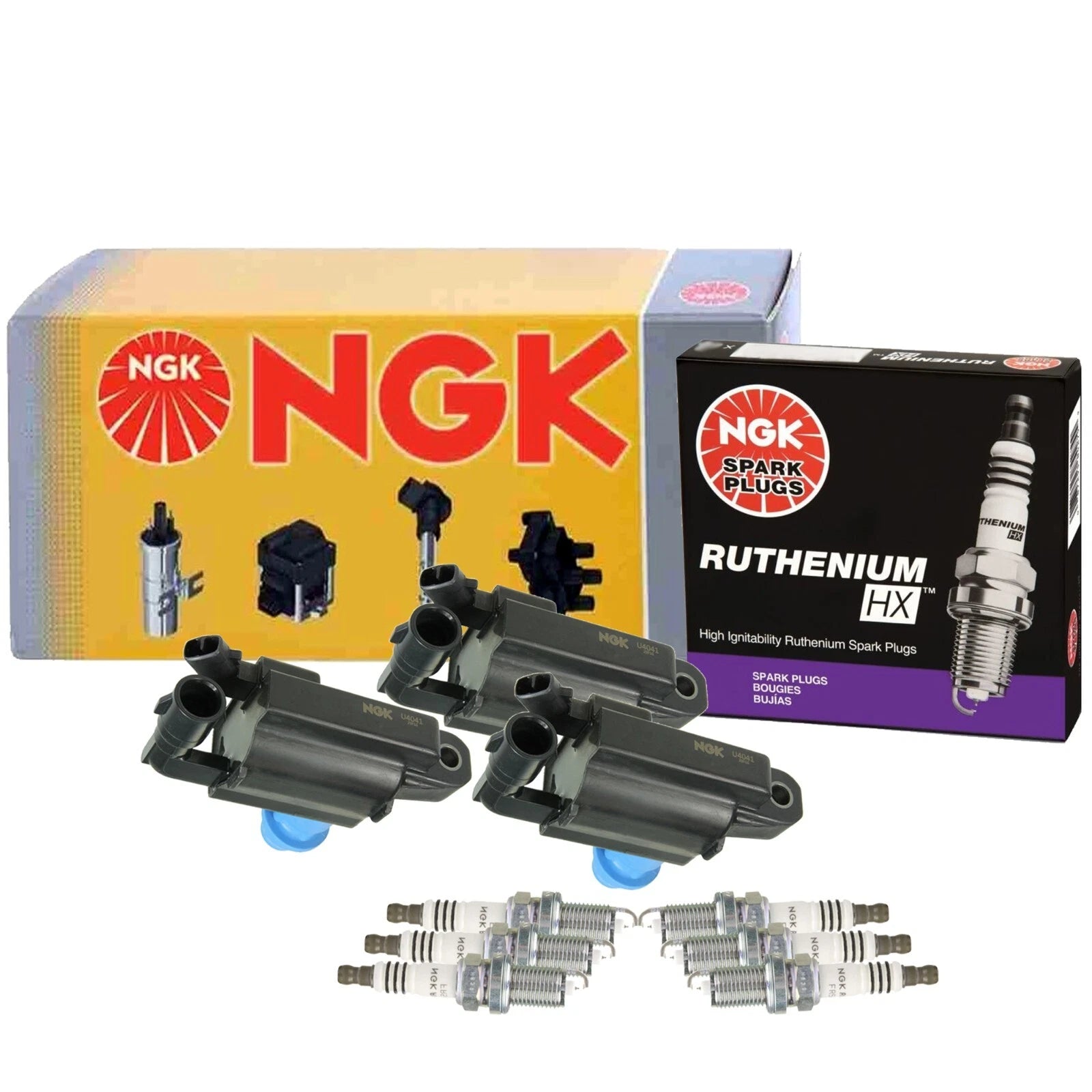 Set of 3 NGK COP Ignition Coils & 6 Ruthenium HX Spark Plugs for Lexus Toyota