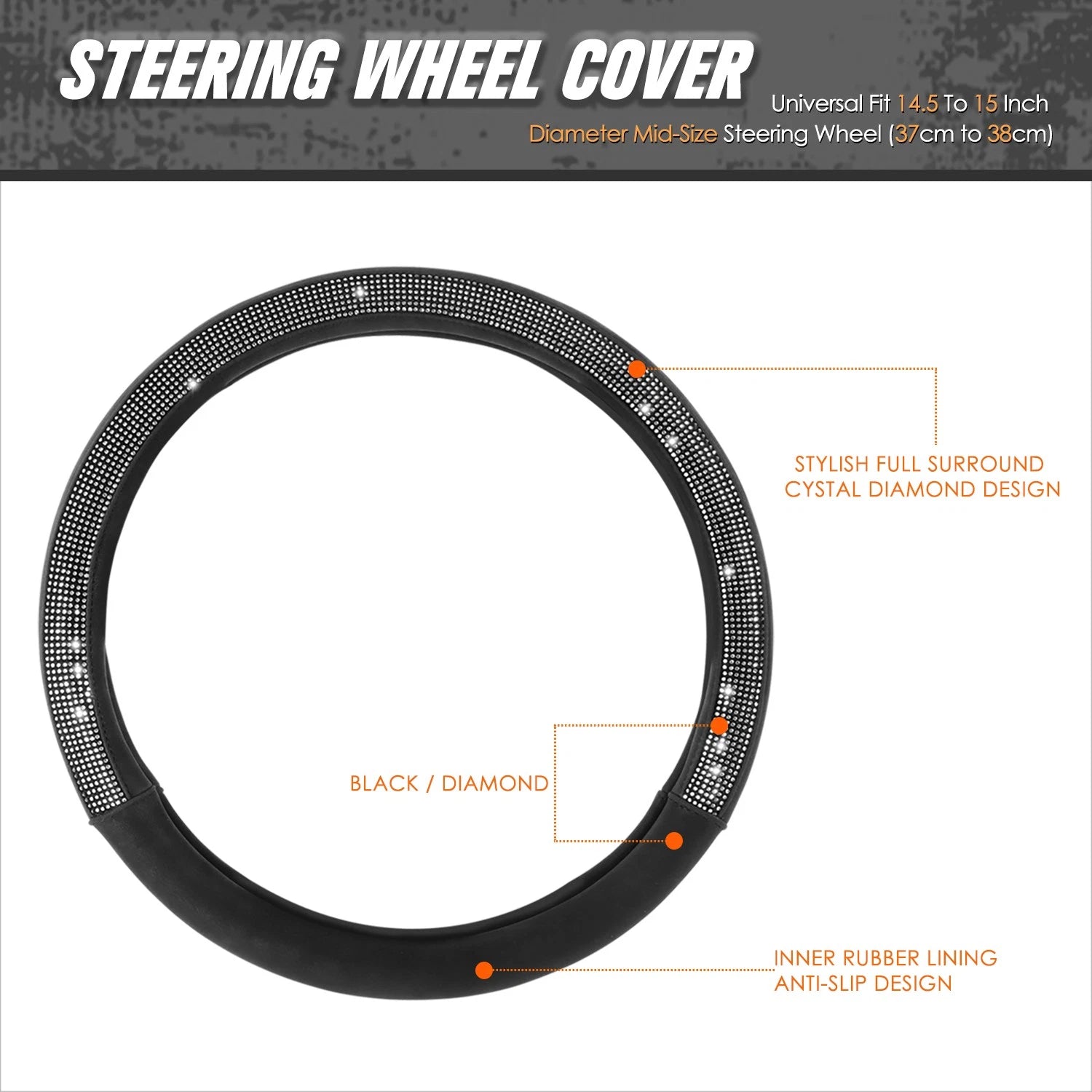 Steering Wheel Cover for Universal Fit (14.5-15" Diameter) Synthetic Leather Black Diamond