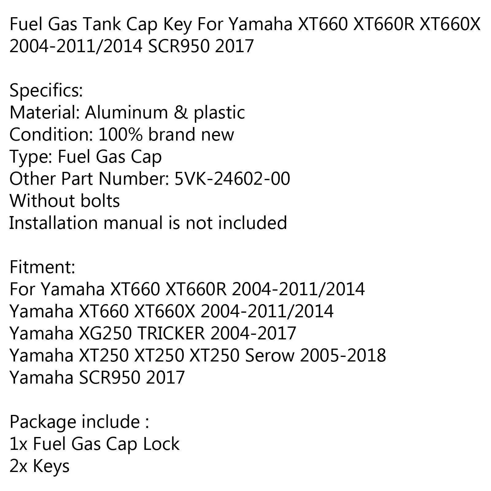 Gas Tank Cap for Yamaha XT660 XT660R XT660X SCR950 (2004–2017) #F#1L #3