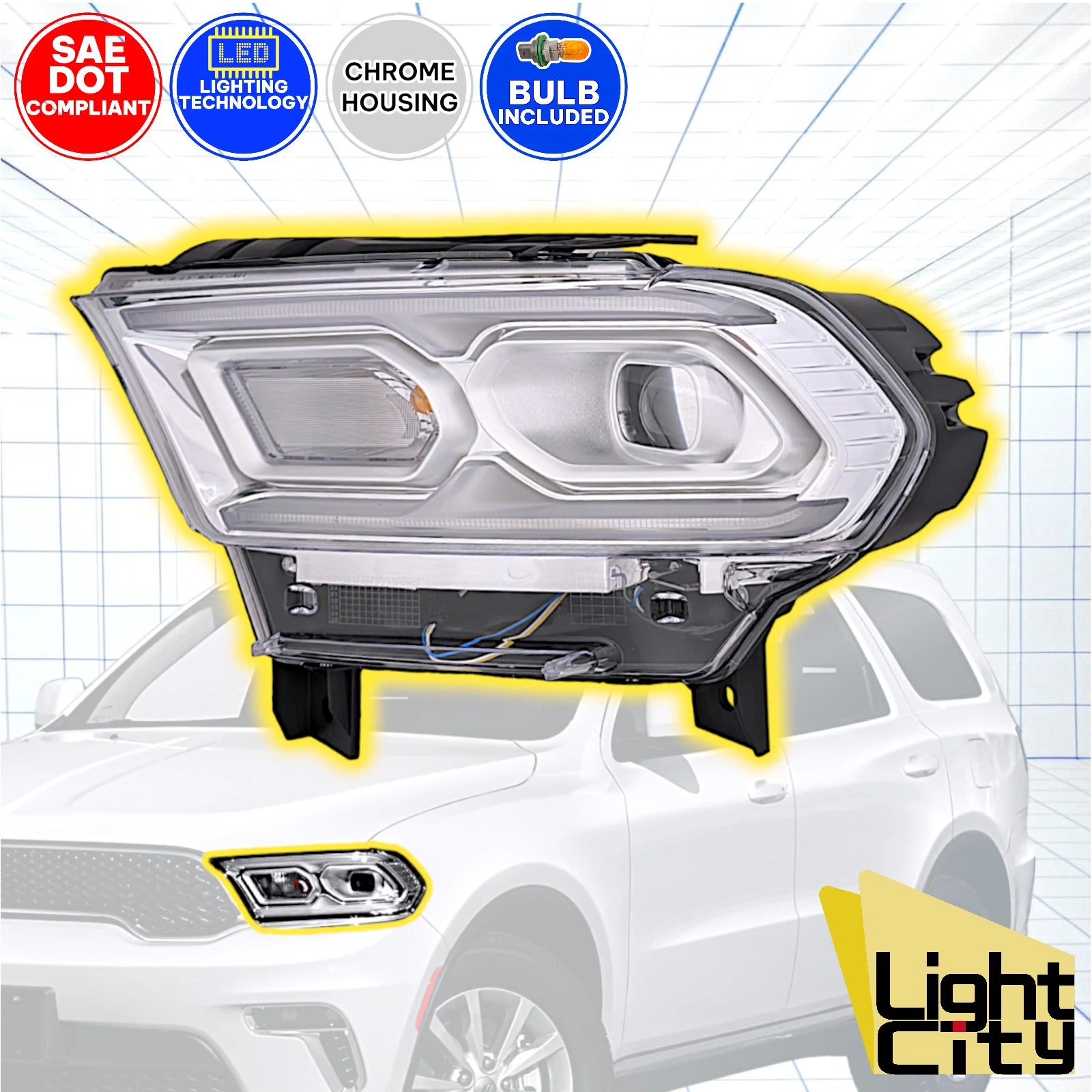 LED Headlight LH for Dodge Durango (2021–2024) - Chrome, Halogen Signal