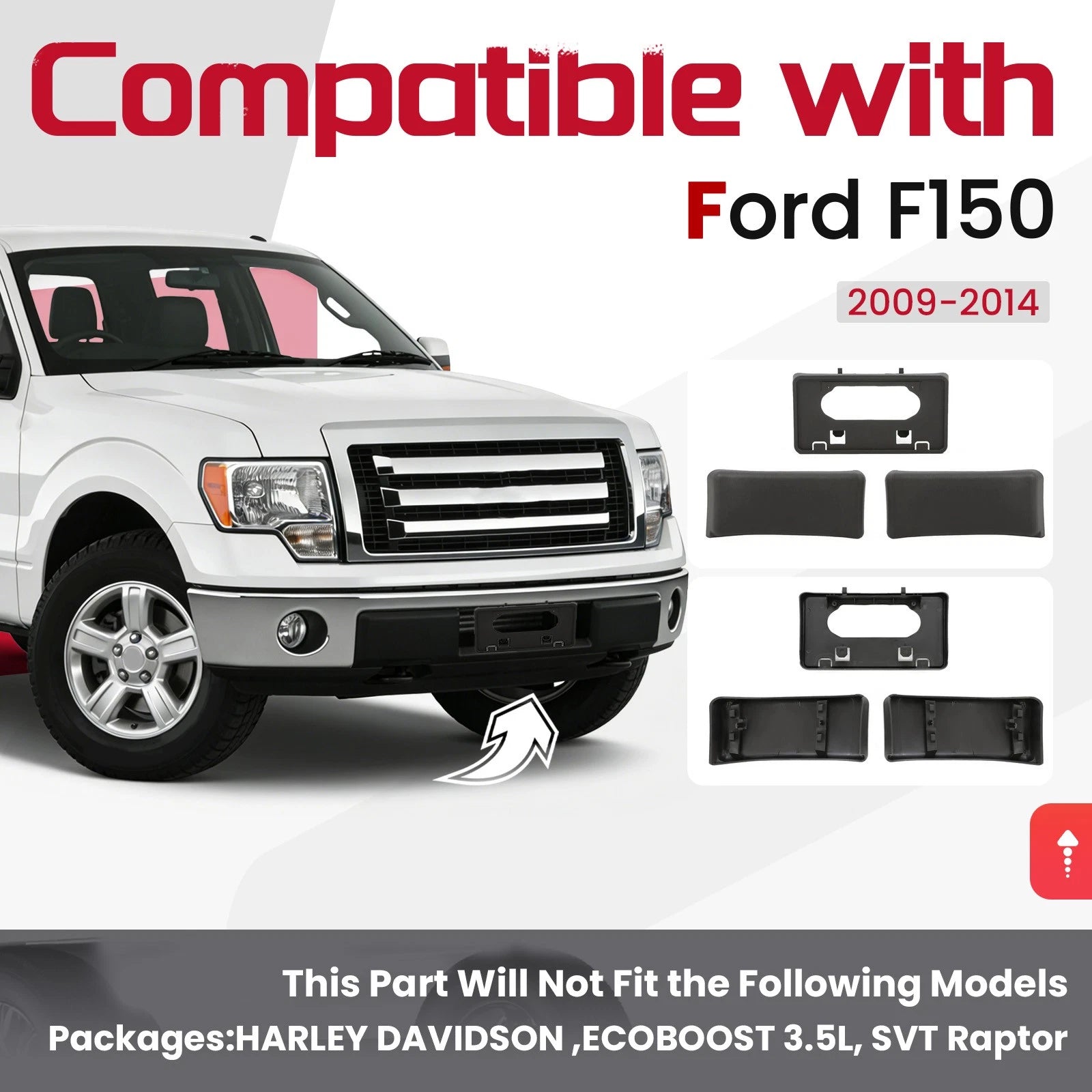 Front Bumper License Plate Bracket + Guards Pads Cap for Ford F150 (2009–2014)