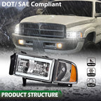Chrome LED Tube Headlights for Dodge Ram 1500 2500 3500 (1994–2002)