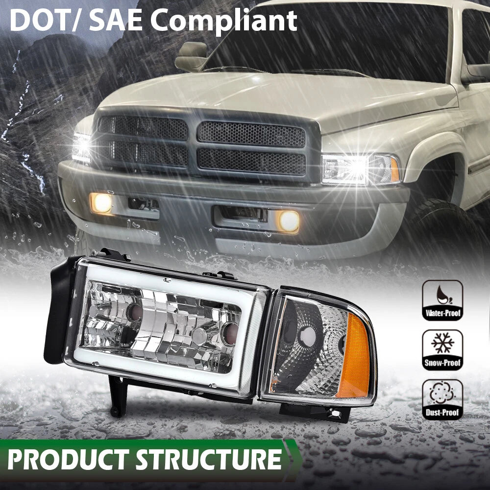 Chrome LED Tube Headlights for Dodge Ram 1500 2500 3500 (1994–2002)