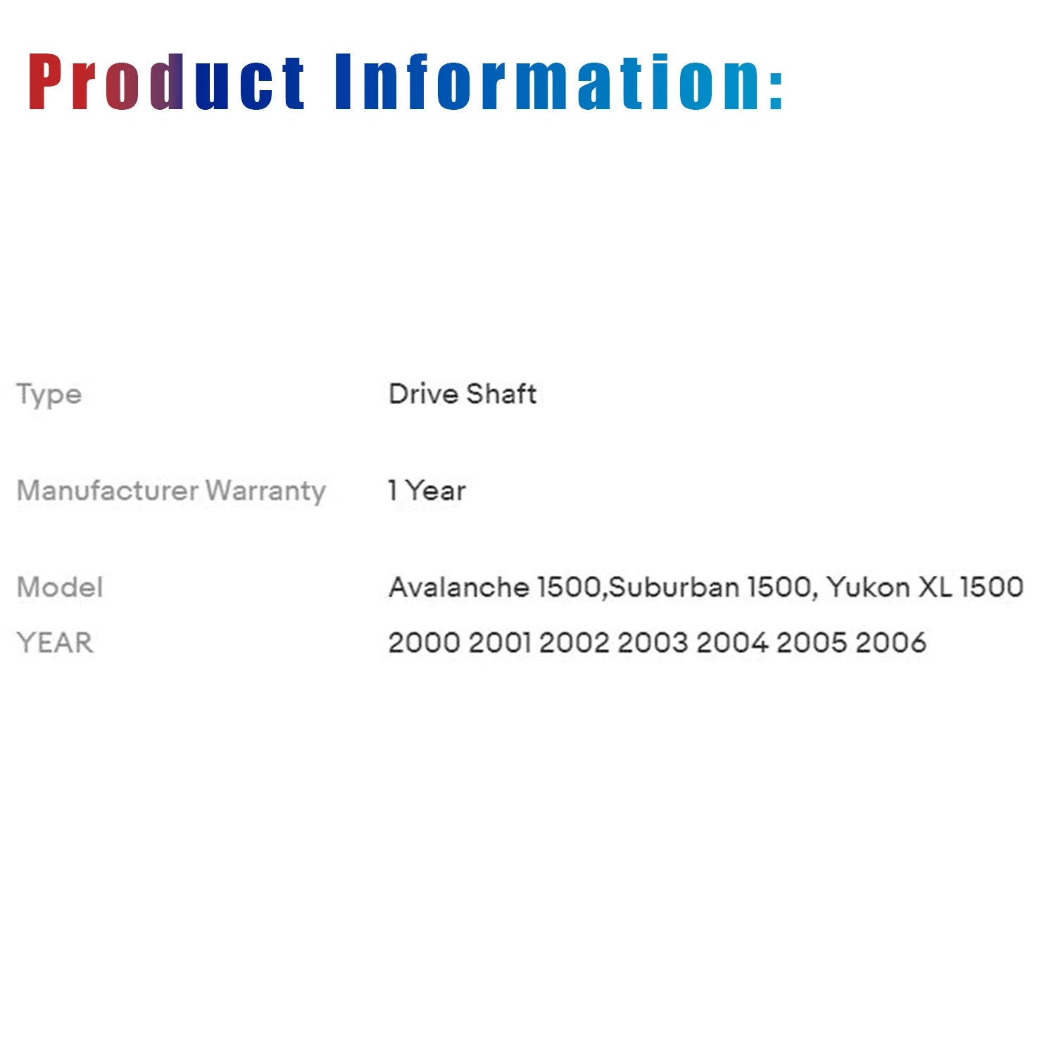 Drive Shaft Assembly Aluminum for Avalanche Suburban 1500 Yukon XL (2001–2006)