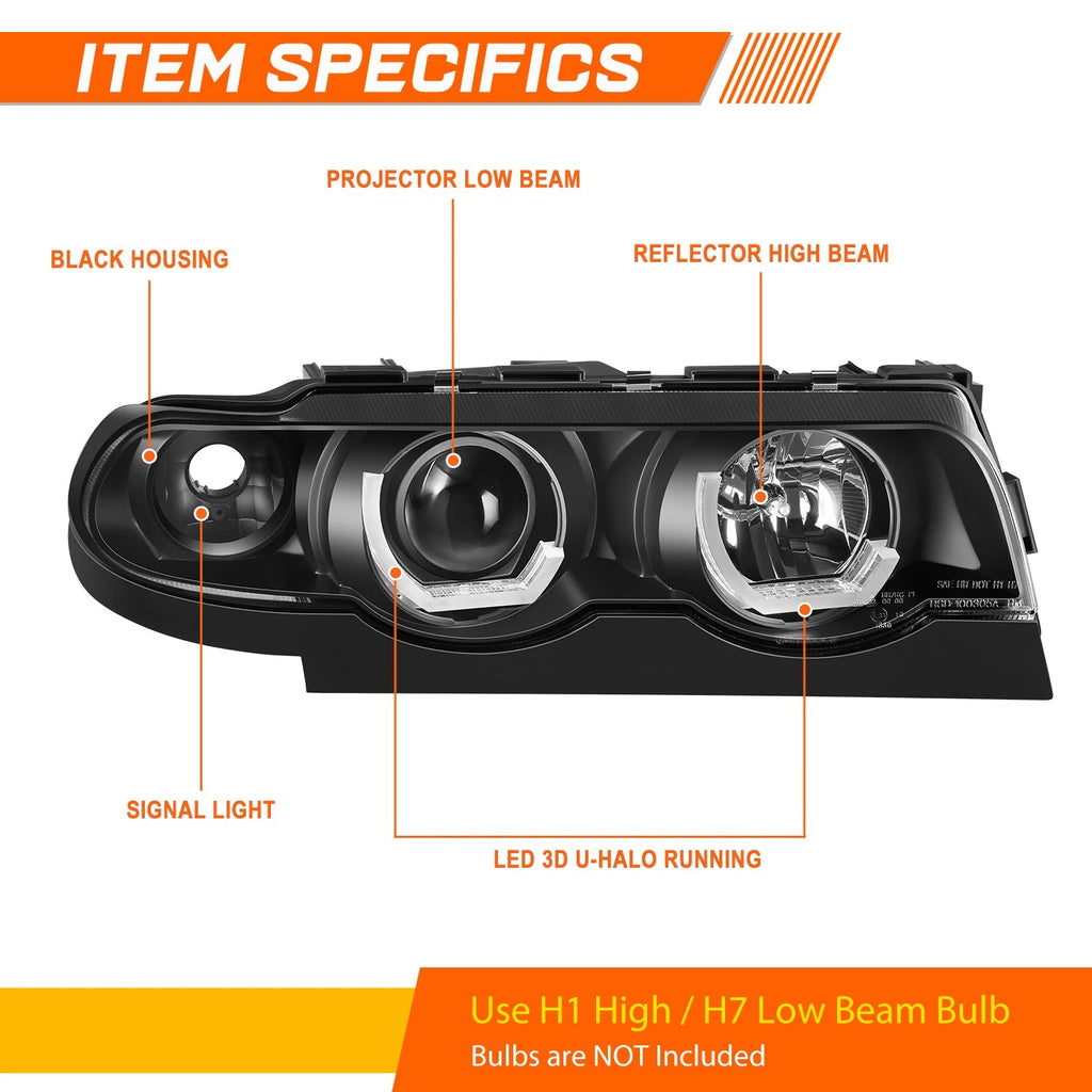 LED U-Halo Projector Headlights for BMW 740i 740iL 750iL (1995–2001)