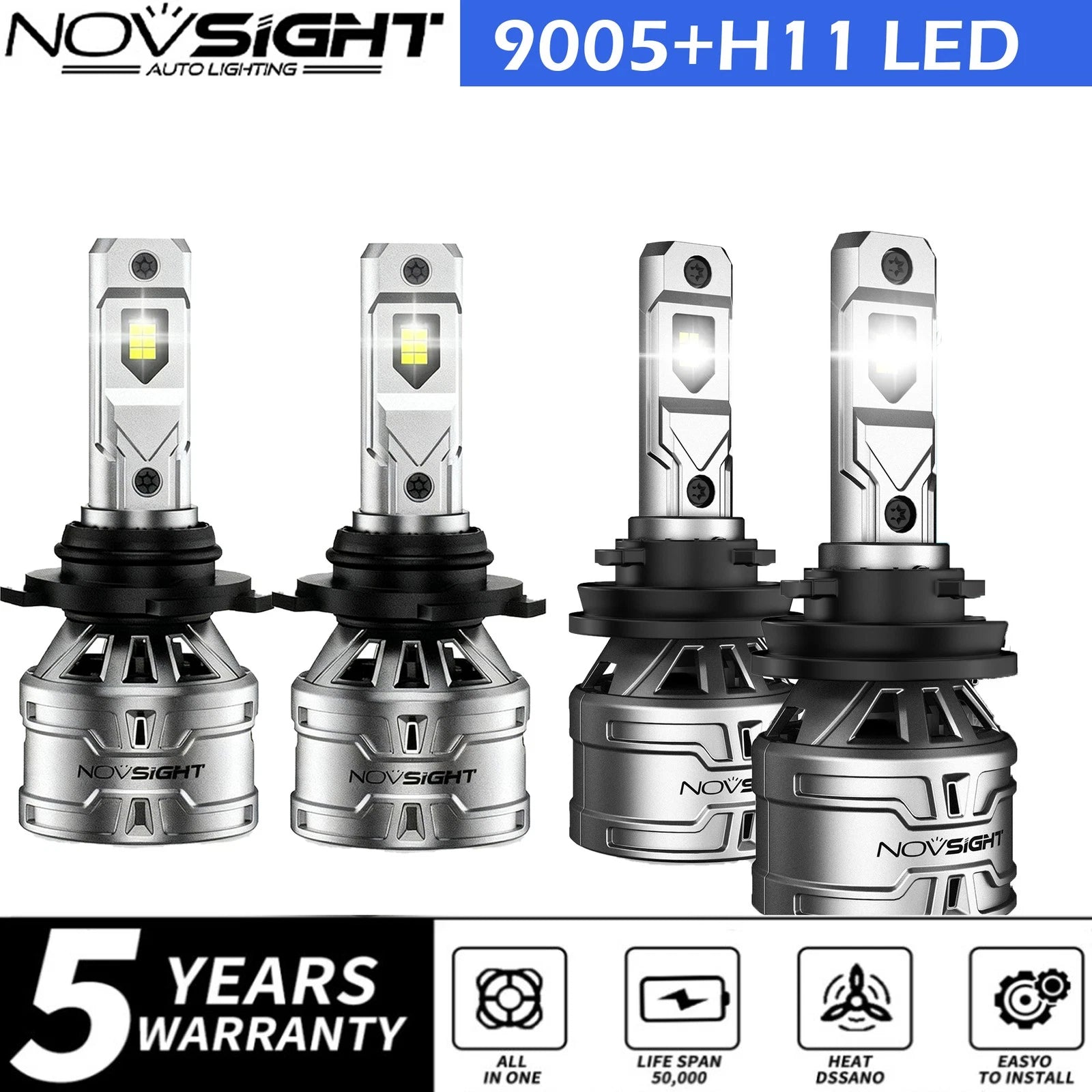 2X NOVSIGHT 9005 H11 LED Headlight Bulbs Conversion Kit 6500K for