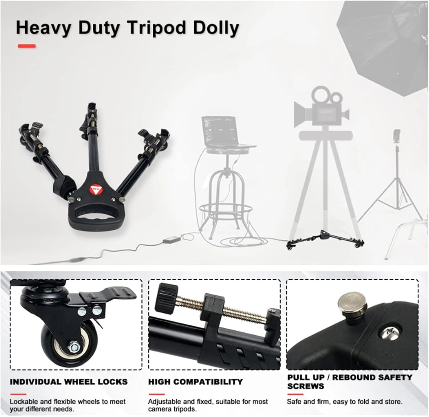 Tripod Dolly with Quick-Lock Wheels & Adjustable Legs for Photography