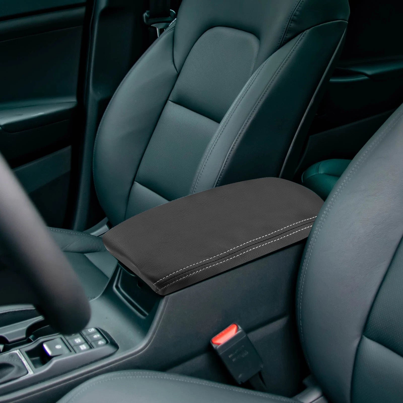 Center Console Armrest Cover for Hyundai Tucson (2016–2021) Black Gray Stitches