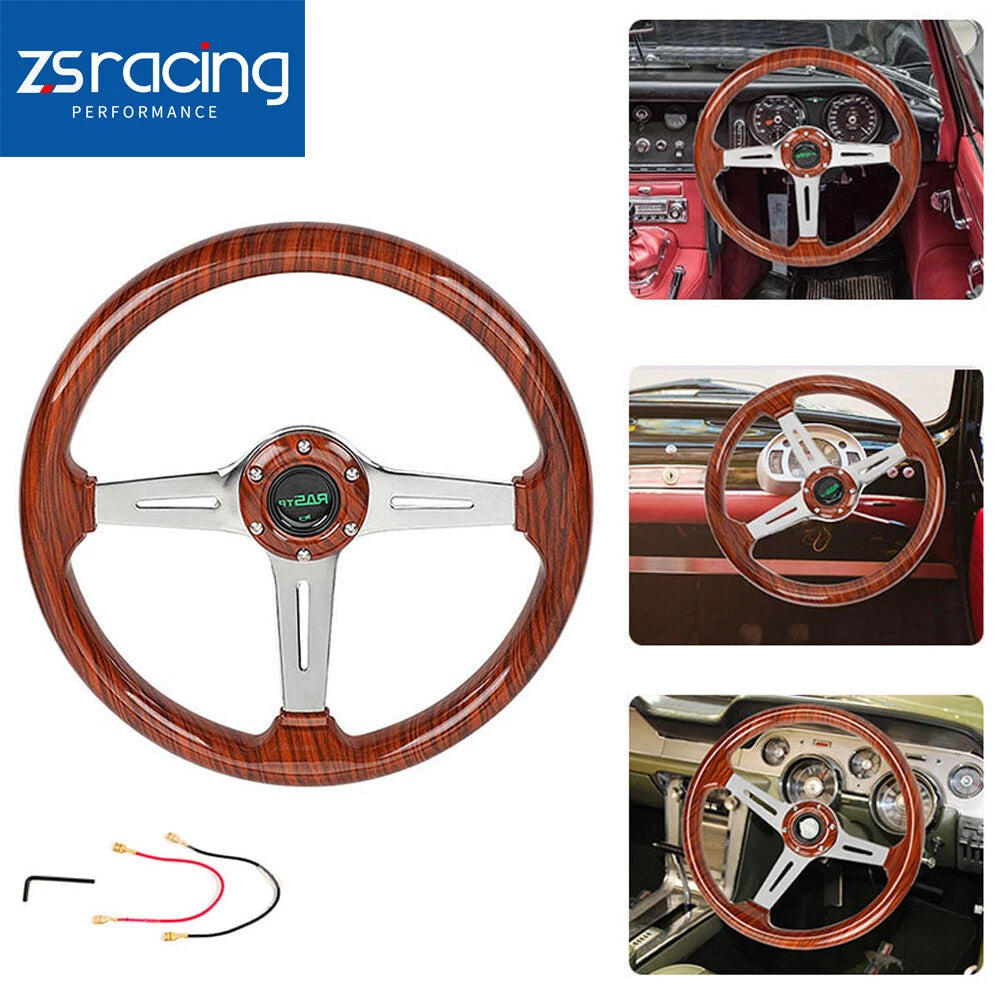 14'' Wooden Steering Wheel for Universal Fit (Wood Grain, Chrome Spoke)