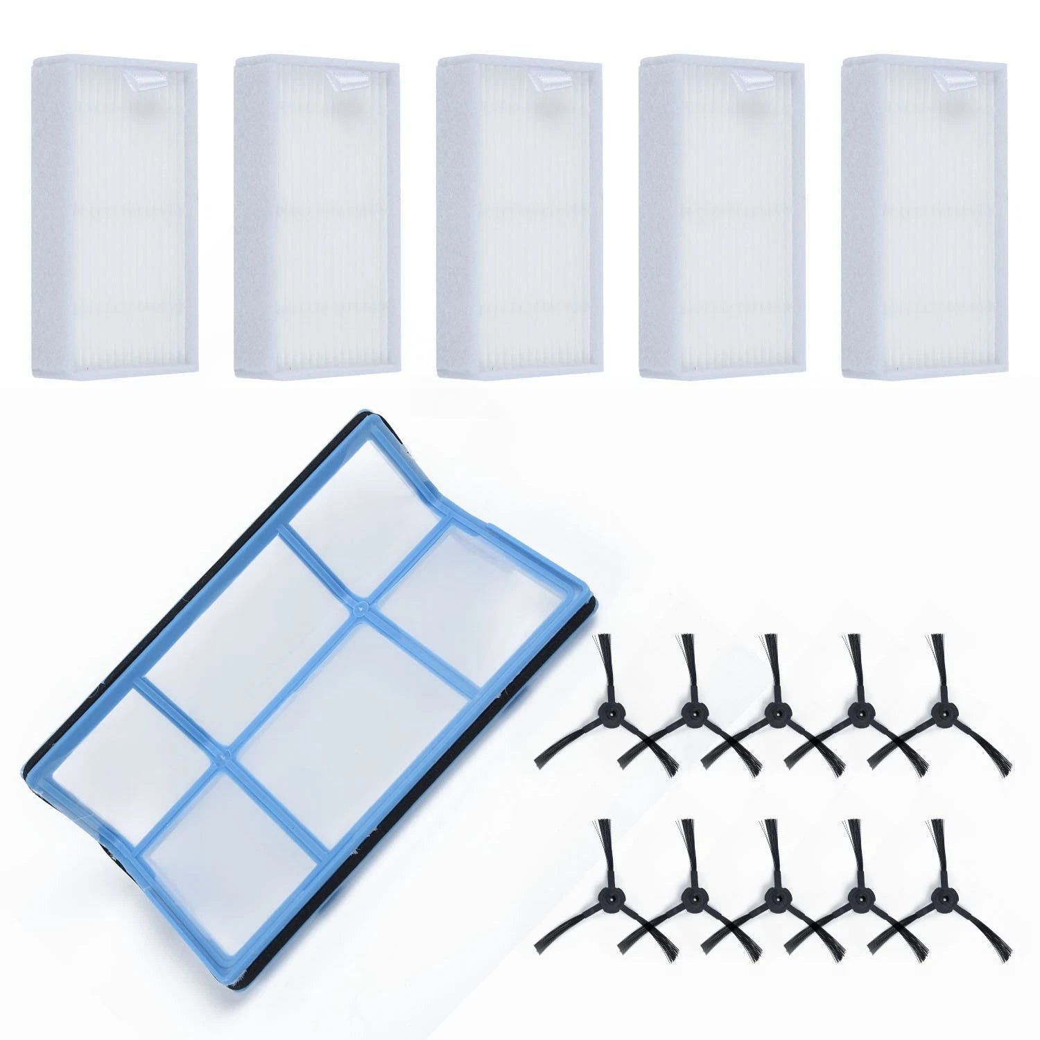 Set of 5 Filters + 10 Side Brushes + Pre-filter Mesh for Medion MD16192 MD18500 MD18501