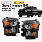 Halogen Headlight Pair for Chevy Silverado 1500 (2022–2026) w/Black Trim