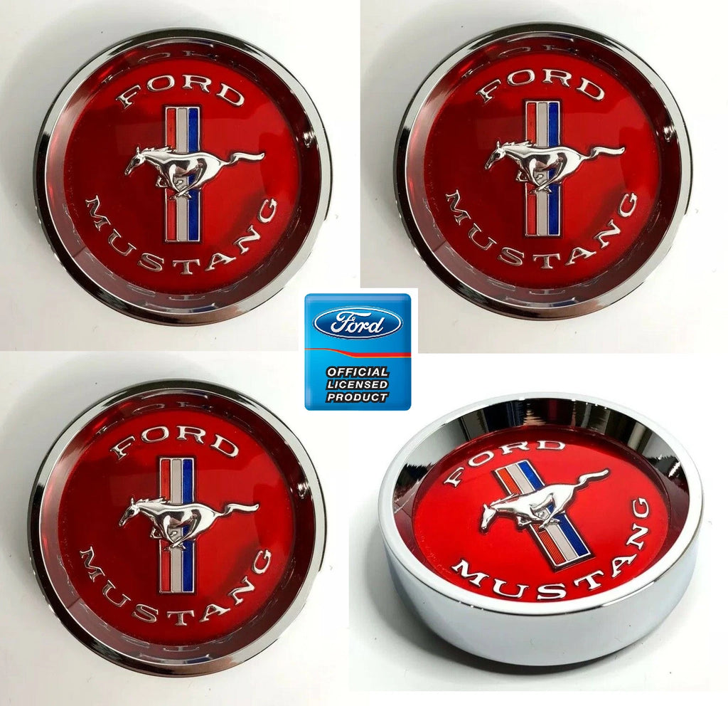 Center Caps Tri-Bar Pony Red Set for 1965–1966 Ford Mustang