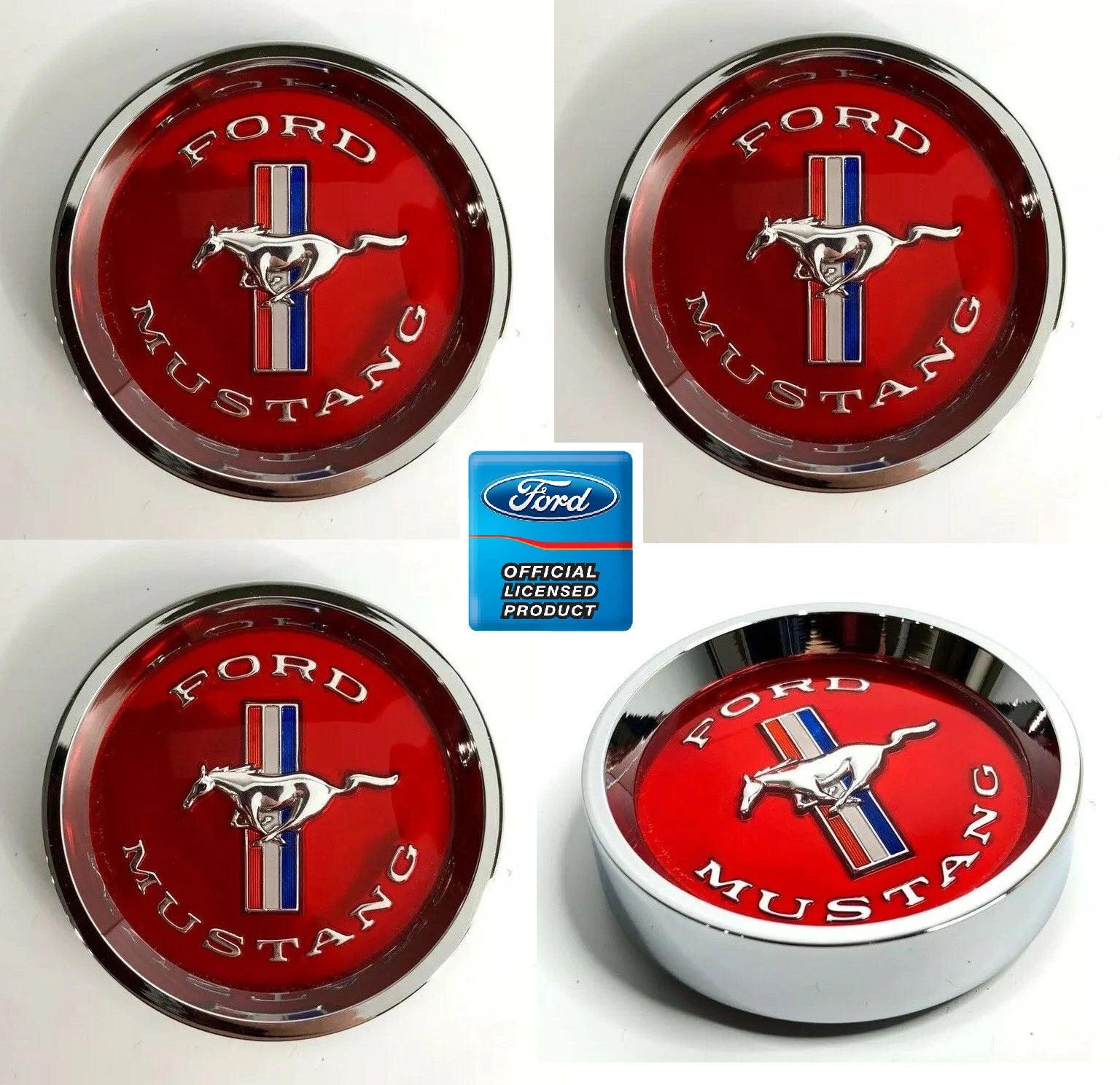 Center Caps Tri-Bar Pony Red Set for 1965–1966 Ford Mustang