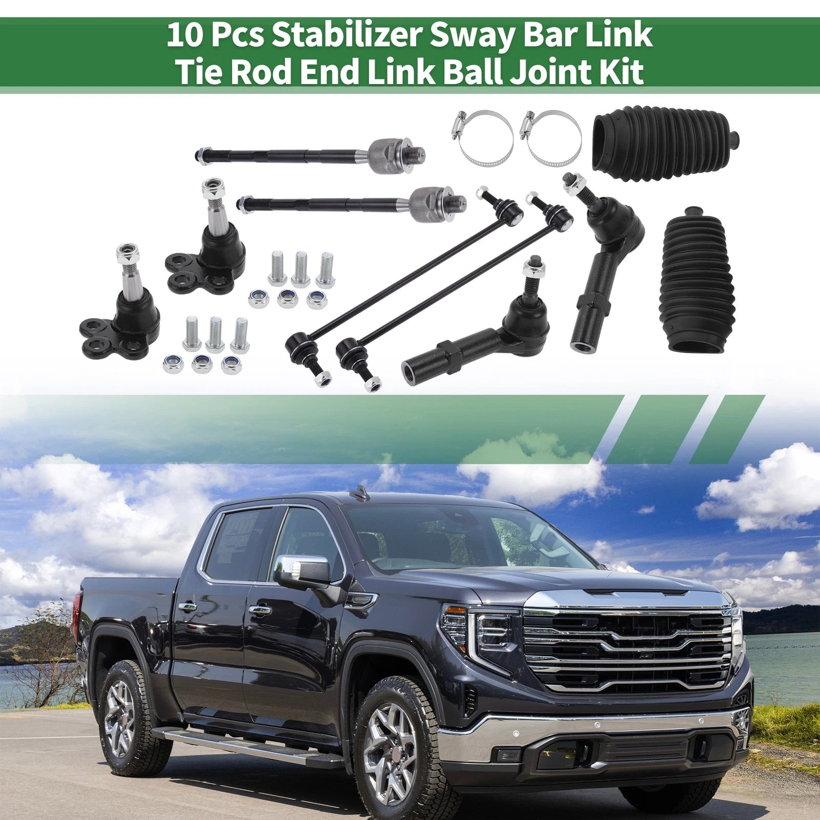 10 Pcs Front Suspension Kit for GMC  - Tie Rod Ends, Sway Bar Link, Ball Joint