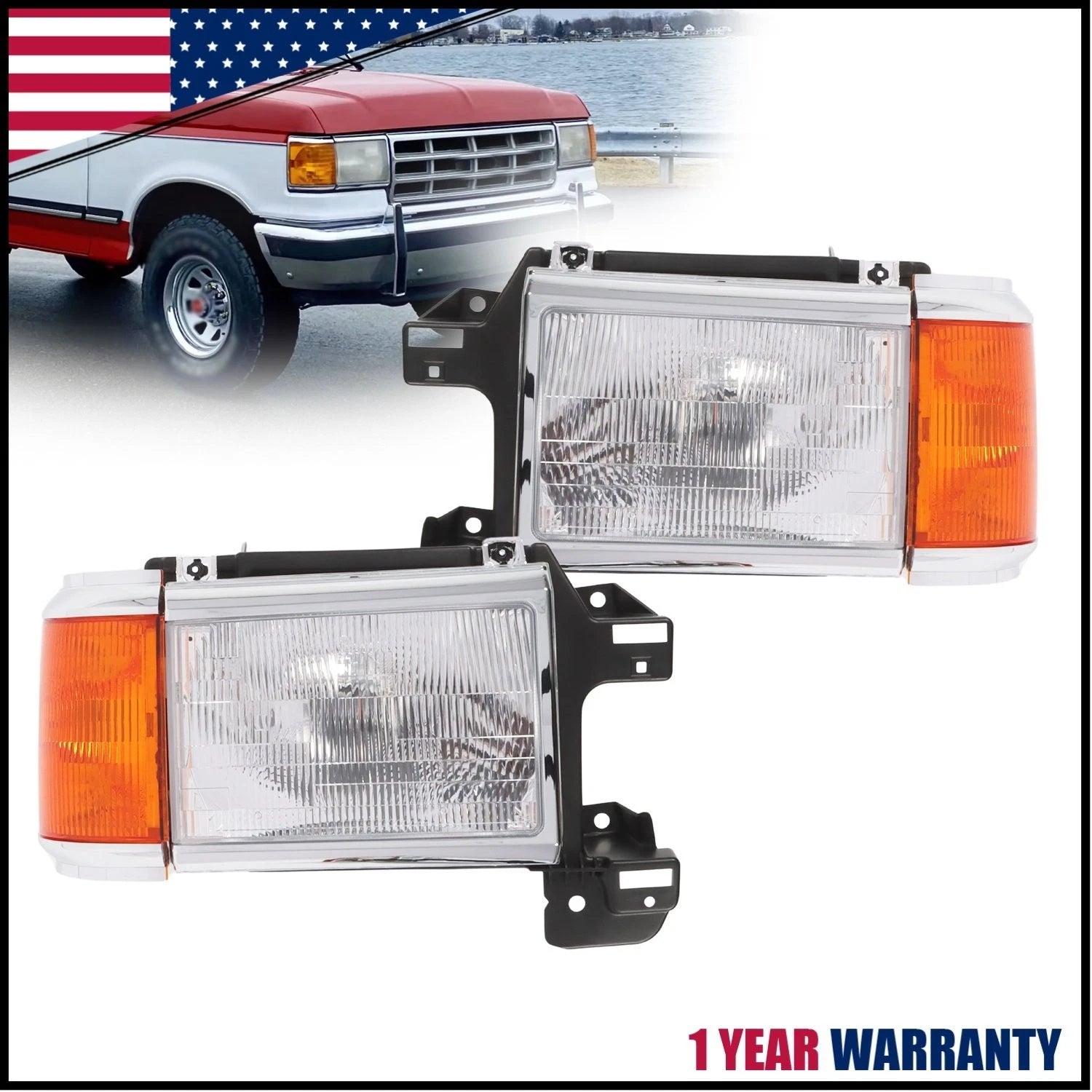 Chrome Headlight Set for Ford F150 F250 Bronco (1987–1991) w/Bulbs