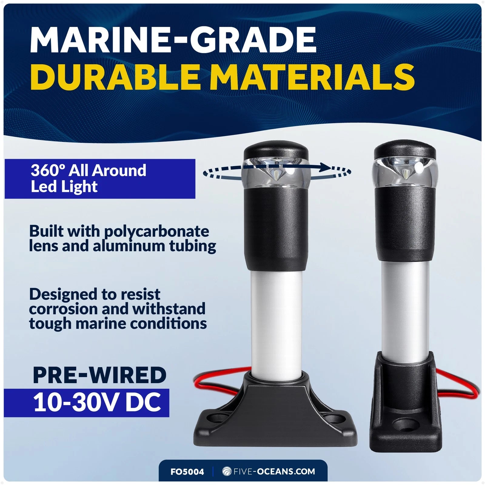 LED Boat Anchor Light for Marine Use (2NM, Fixed Base, Polycarbonate Lens)