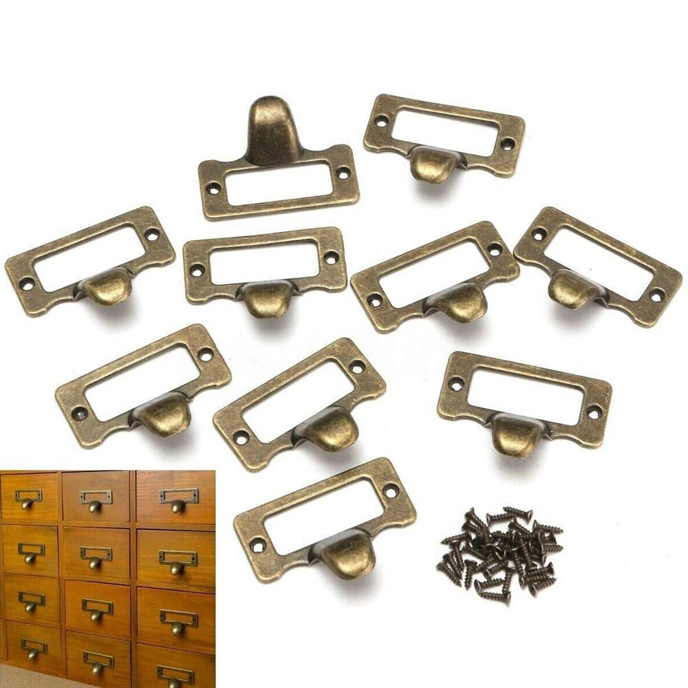 6X Metal Antique Bronze Drawer Label Tag Holder Frame Pull Handle