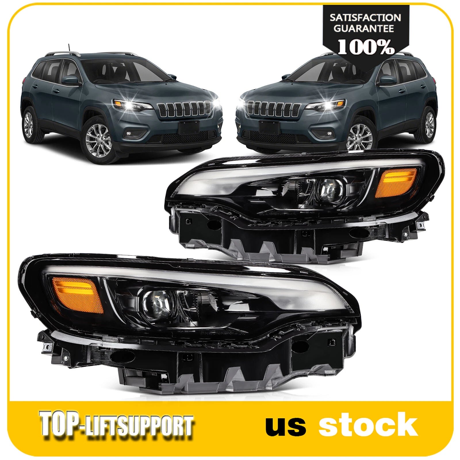 LED DRL Headlights for Jeep Cherokee (2019–2023) Black Housing Pair