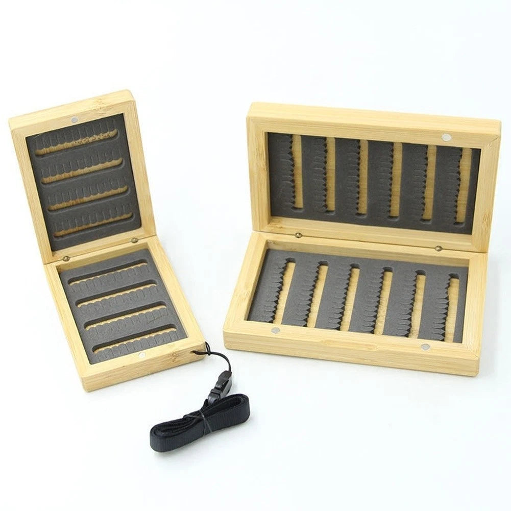 Wooden Fly Box for Trout Bass Panfish (100x70x26mm) with Lanyard