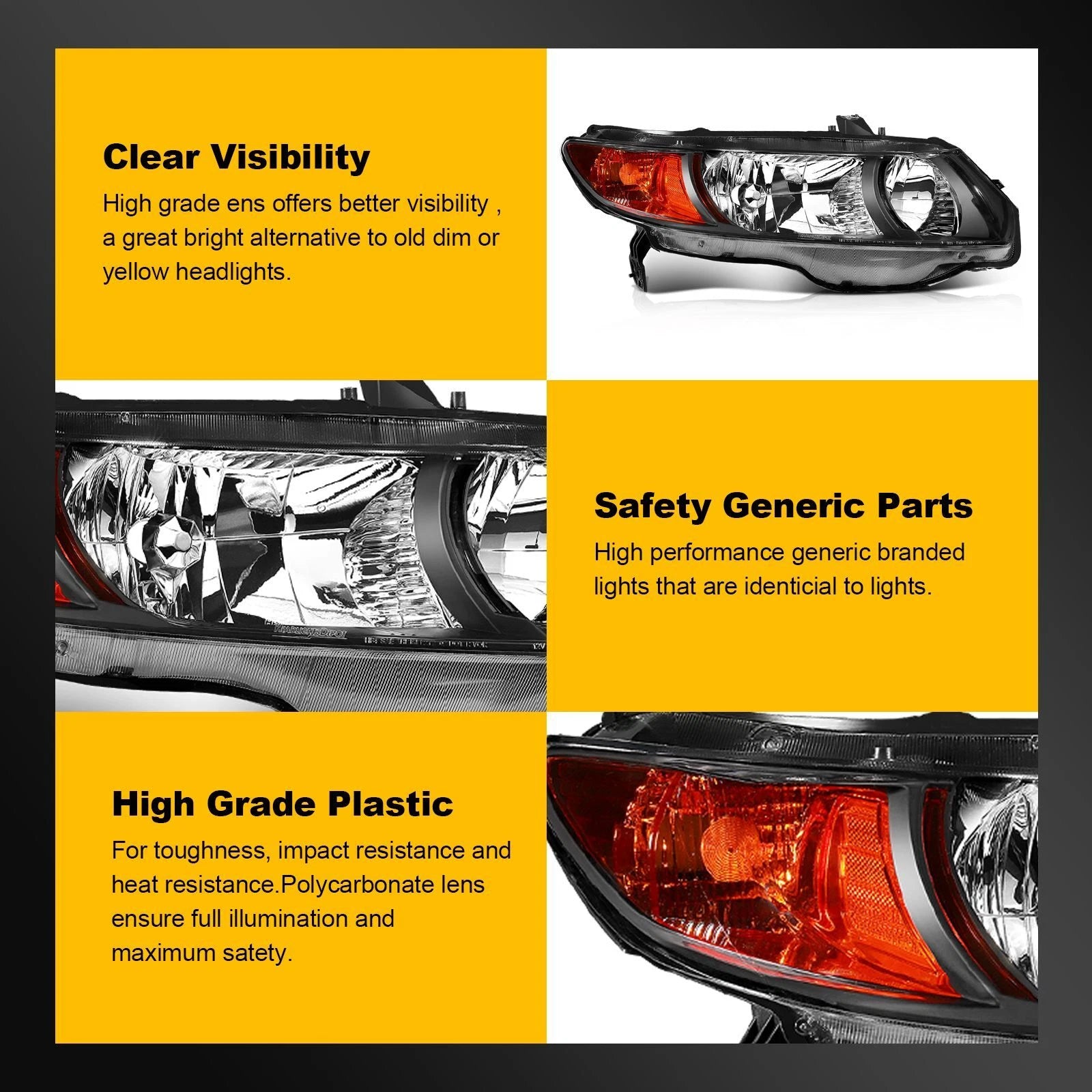 Headlight Assembly Set for Honda Civic Coupe (2006–2011) Black Housing