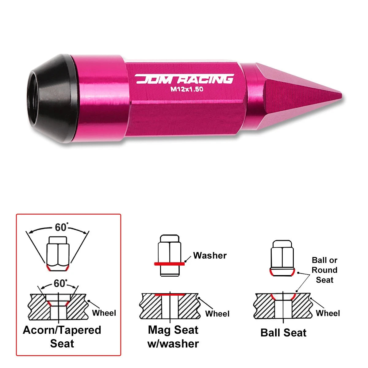 Set of 20 M12X1.5 Pink JDM Cone Spiked Cap Wheel Lug Nuts + Extension 23mmx83mm