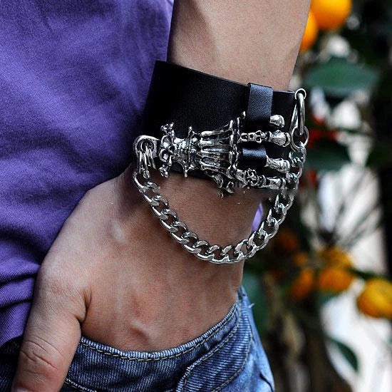 Gothic Skull Hand Link Chain PU Leather Cuff Bracelet for Unisex (2010–2023)