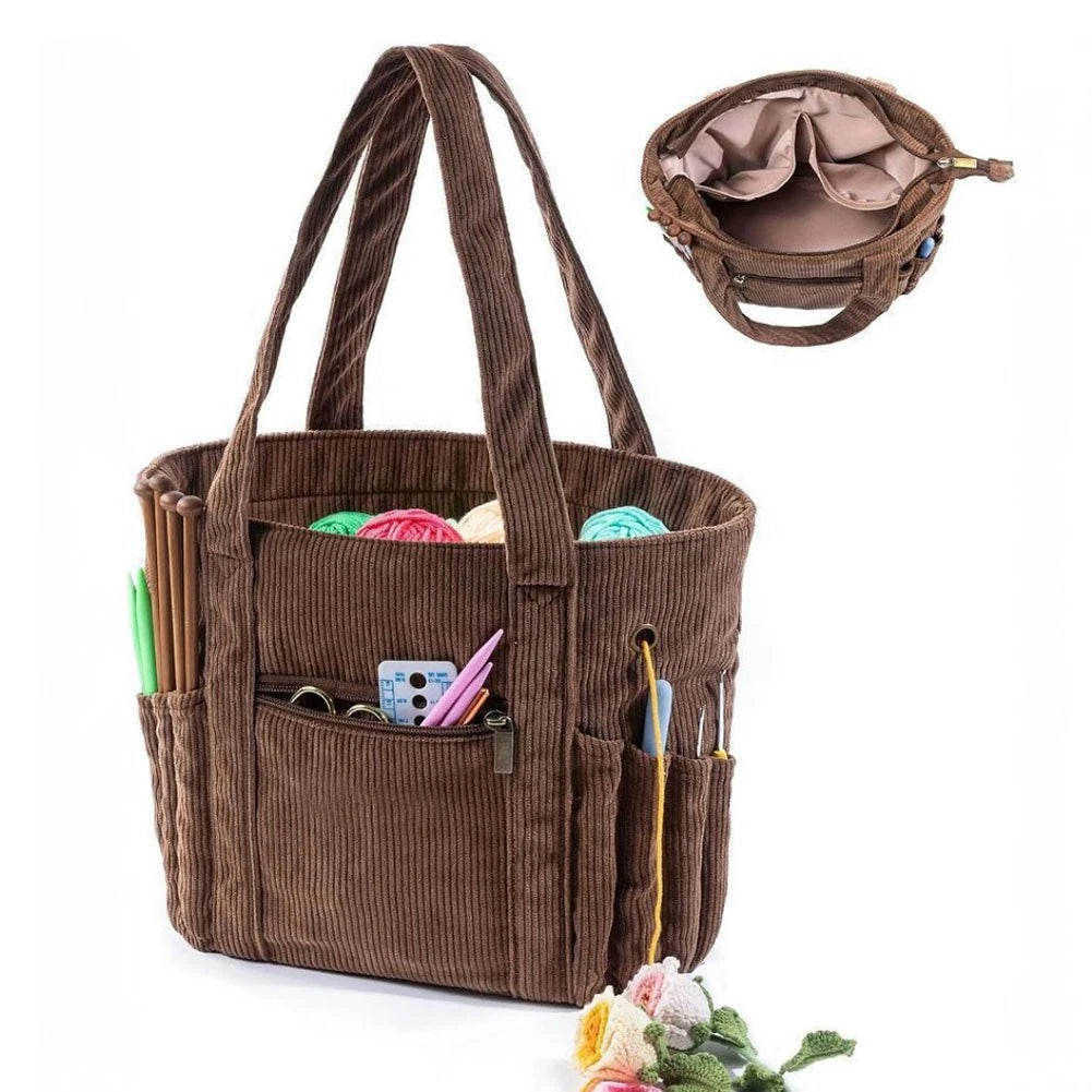 Roomy Corduroy Tote Yarn Storage Bag with Multiple Pockets
