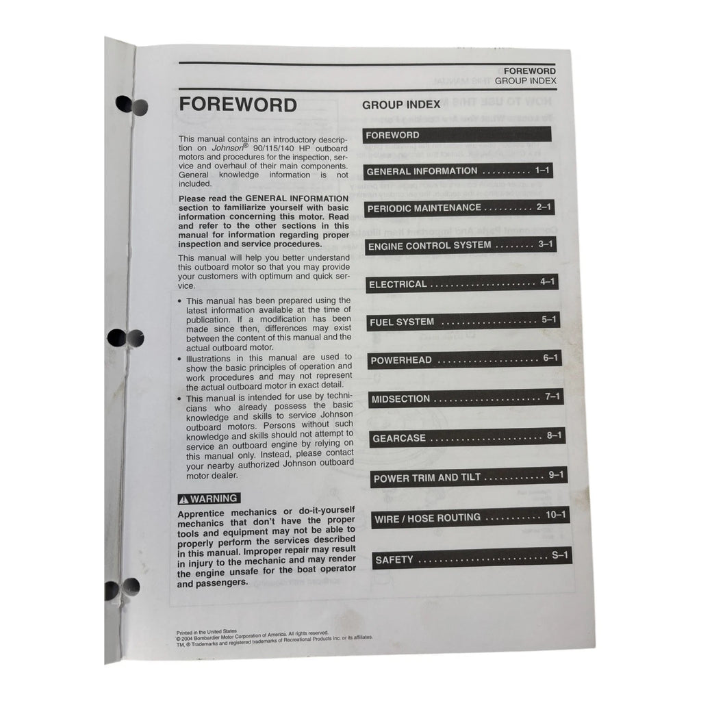 Evinrude Johnson 5005661 Service Manual for SR 4 Stroke 90/115/140 HP (2004)