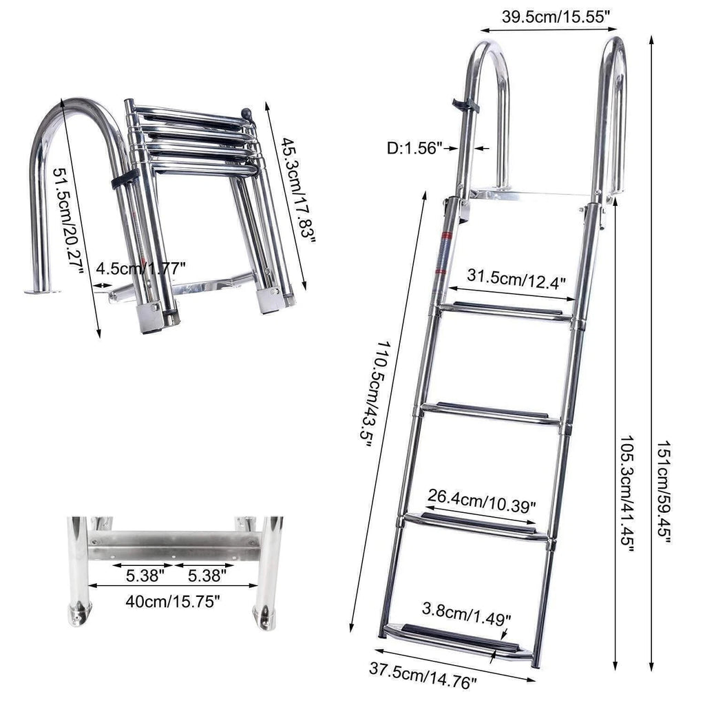 4 Step Telescoping Folding Boat Ladder for Marine Dock Yacht (Stainless Steel)