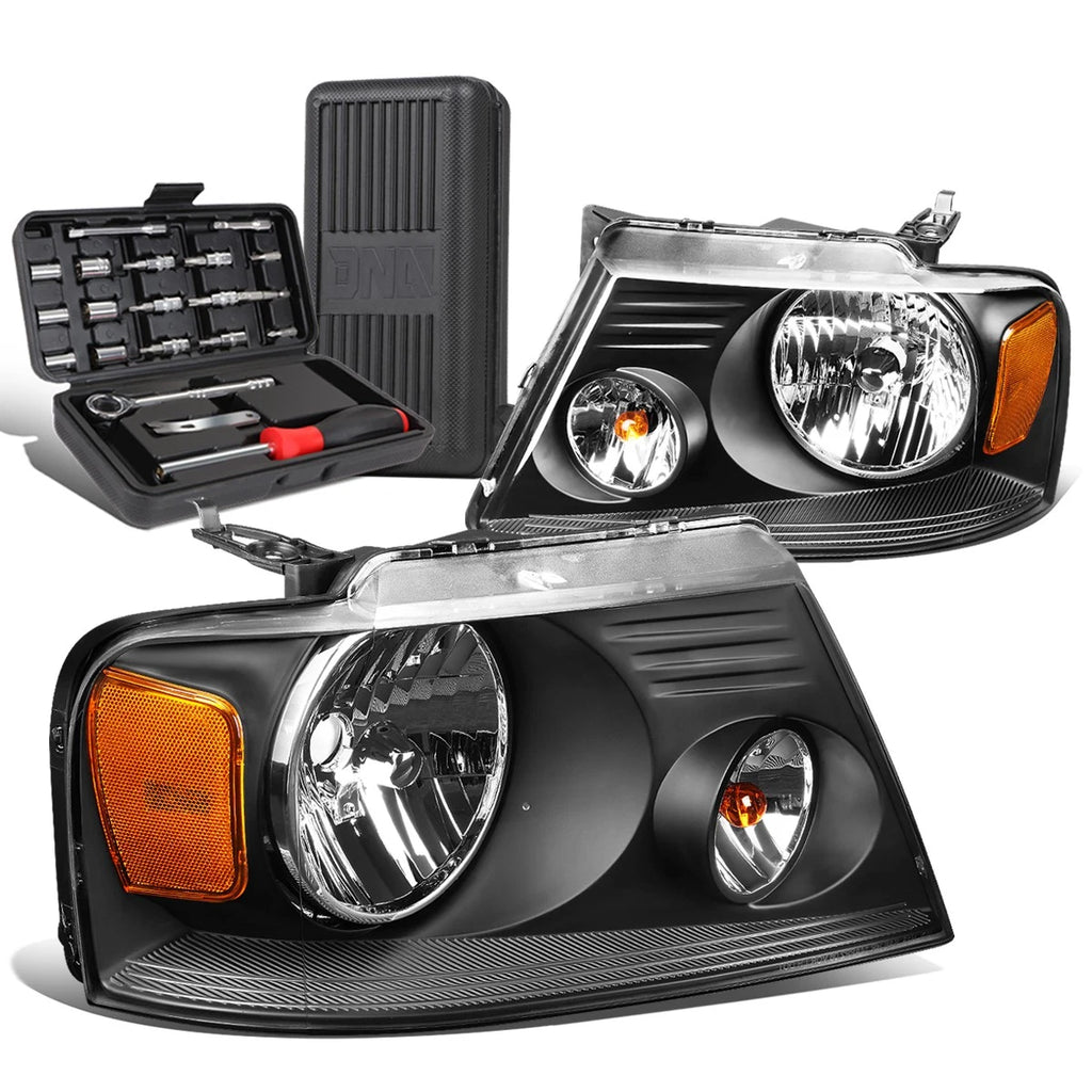 Pair of Black/Amber Signal Headlight Lamps for Ford F150 (2004–2008)