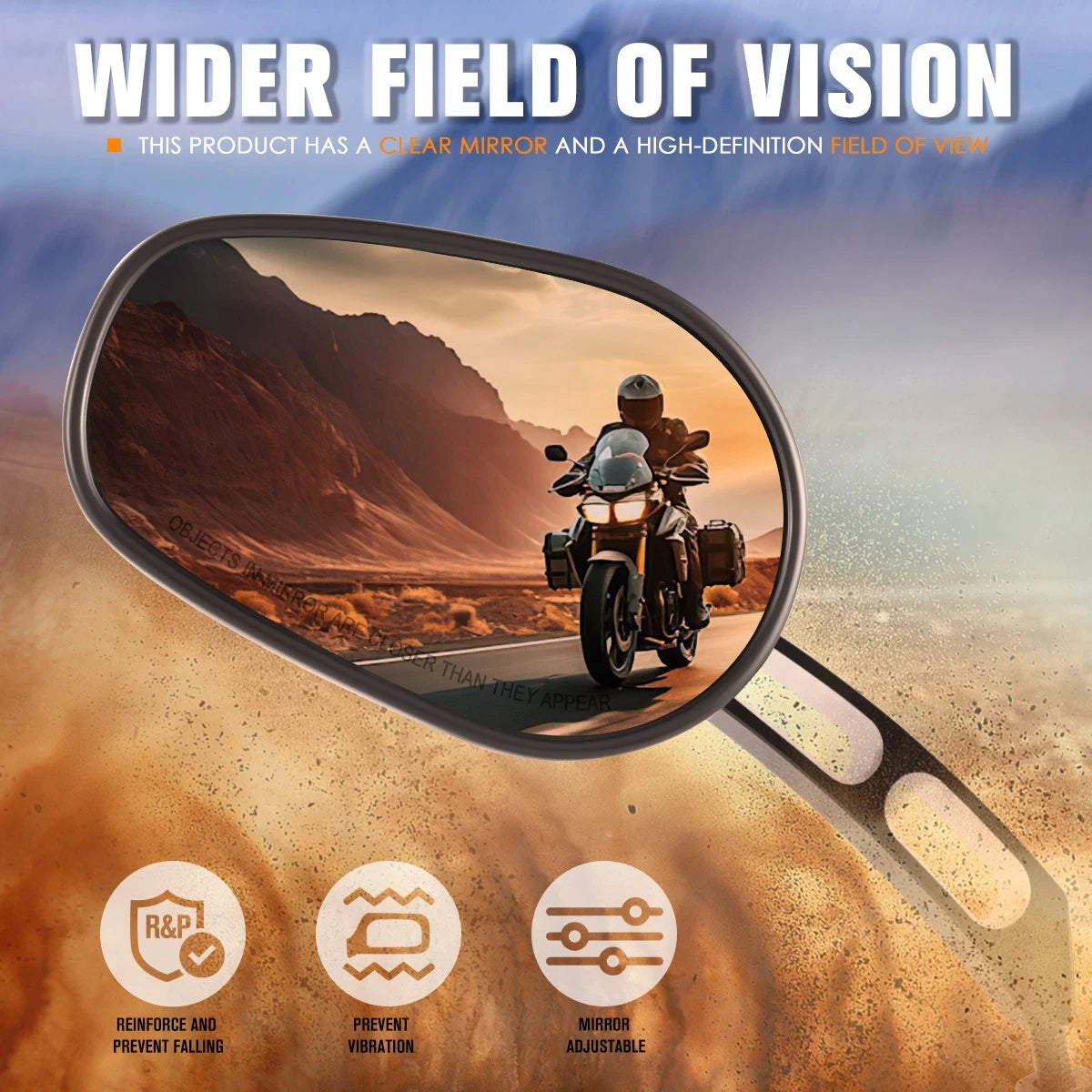 Universal Oval View Side Mirrors for Naked Bike Cruiser (Anti-Glare)