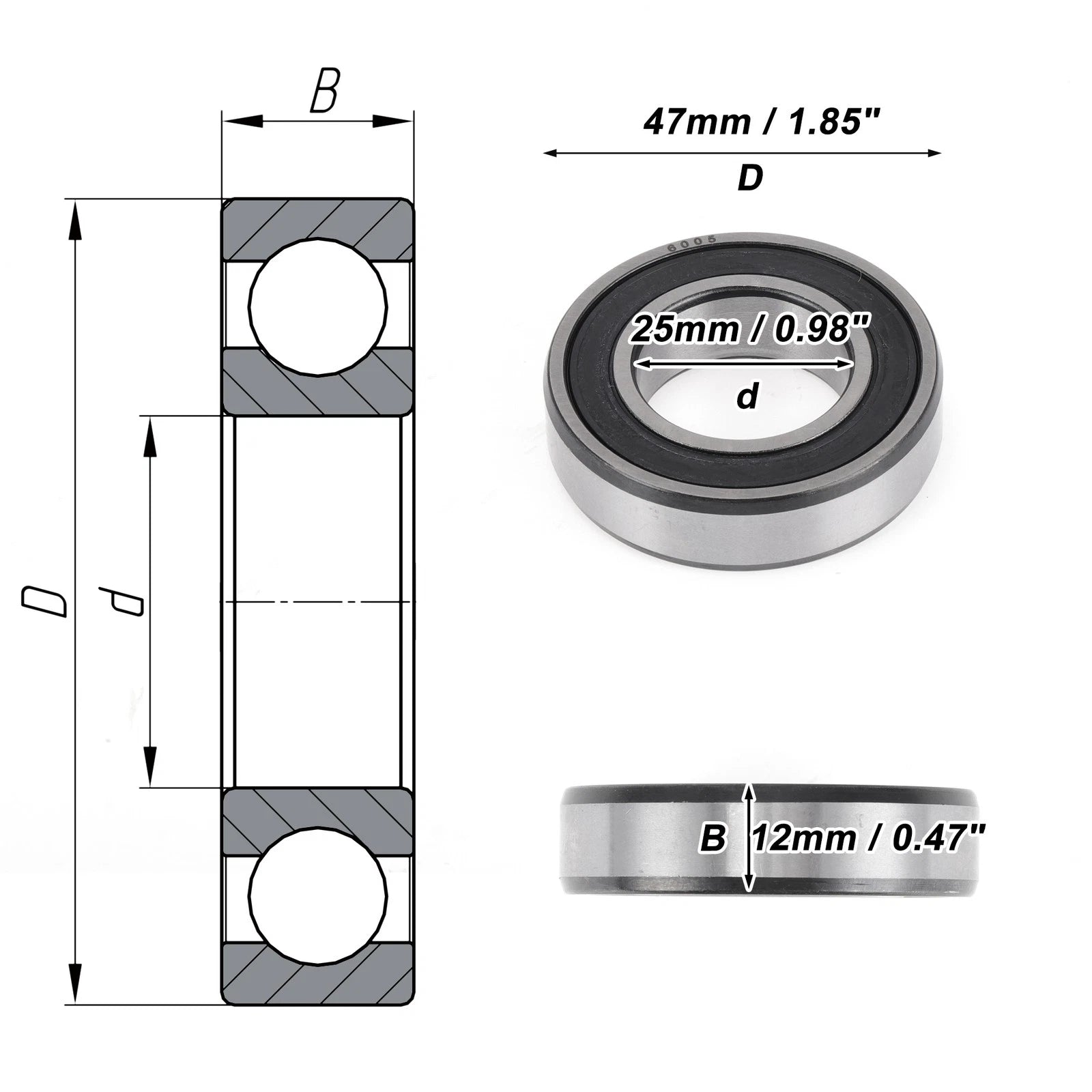 6005DDU Deep Groove Ball Bearing for Scooter Skateboard Wheel (25x47x12mm)