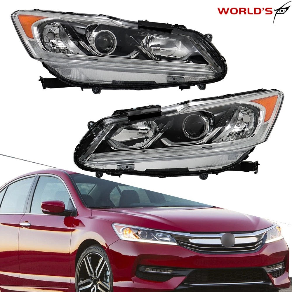 Set of 2 Headlight Assemblies for Honda Accord Sedan (2016–2017) Halogen with LED DRL