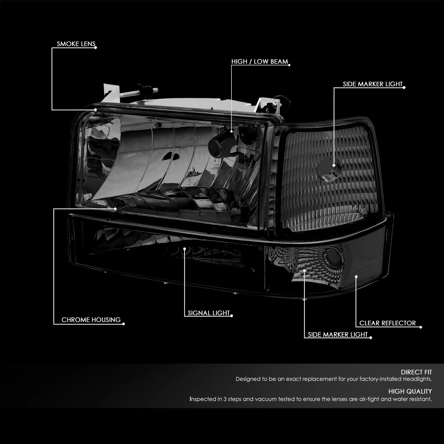 Smoked Headlight, Clear Bumper, Corner, LED Fog Light Set for F150 (1992–1996)