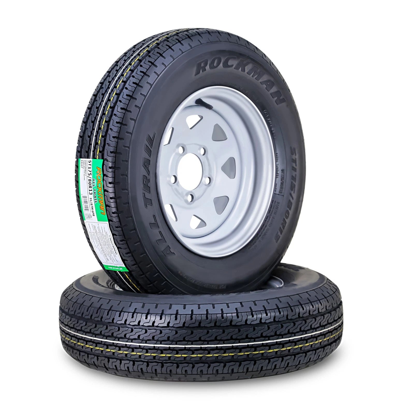 2X ROCKMAN ST175/80R13 6-Ply Trailer Tire Wheels 5 Lug on 4.5" Silver Spoke